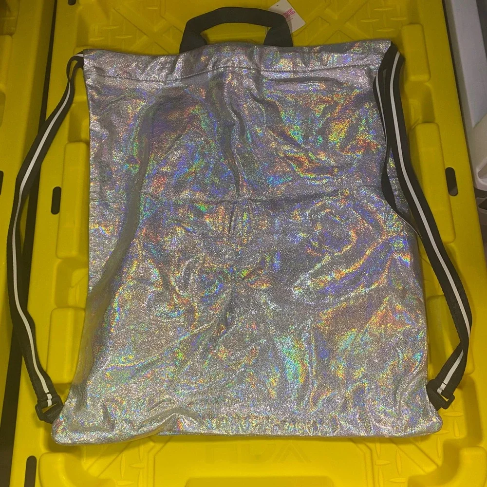 PINK Victoria's Secret Holographic Drawstring Backpack Bag Silver‎